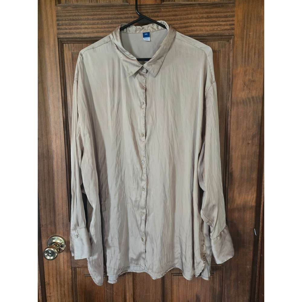 Old Navy Champagne Satin Relaxed Button Down‎ Shirt XXL Beige Long Sleeve Top